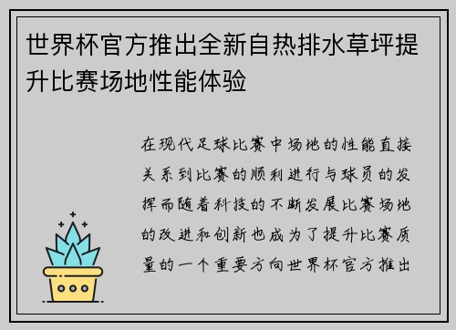 世界杯官方推出全新自热排水草坪提升比赛场地性能体验