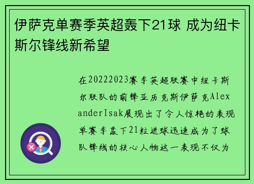 伊萨克单赛季英超轰下21球 成为纽卡斯尔锋线新希望