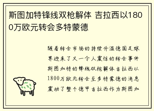 斯图加特锋线双枪解体 吉拉西以1800万欧元转会多特蒙德